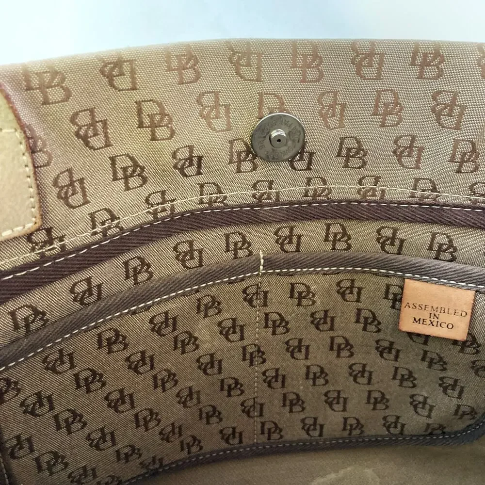 Y2K Dooney Monogram Canvas Tote | Preppy Neutral Shoulder Bag with Leather Trim - Picture 12 of 16